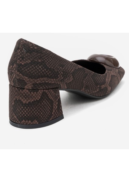 Mıla Kahverengi Desenli Tokalı Kare Burunlu Kadın Kalın Topuklu Ayakkabı indirimleri