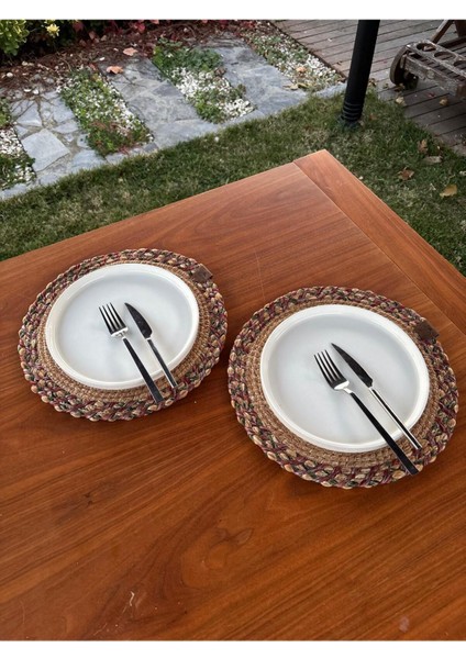 Natural Tarz Yeşil Kırmızı Renk Yuvarlak 2’li Supla Seti – Şık Masa Sunumları Için – 33X33 cm