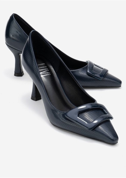 Astra Lacivert Çizgili Tokalı Kadın Topuklu Ayakkabı