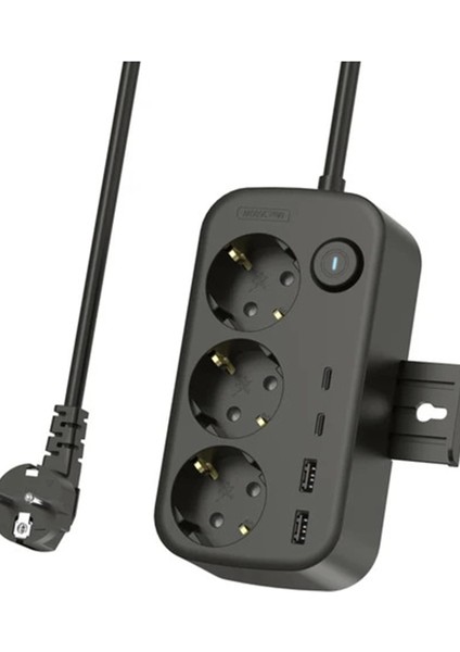 Buğz Akım Korumalı Priz 2 USB + 2 Type-C Girişli 2 Metre Kablosu Anahtarlı ve Duvara Monte Edilebilir