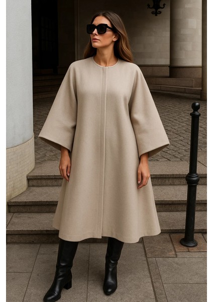 Kadın Oversize Basic Uzun Premium Krem Kaşe Panço fiyatları