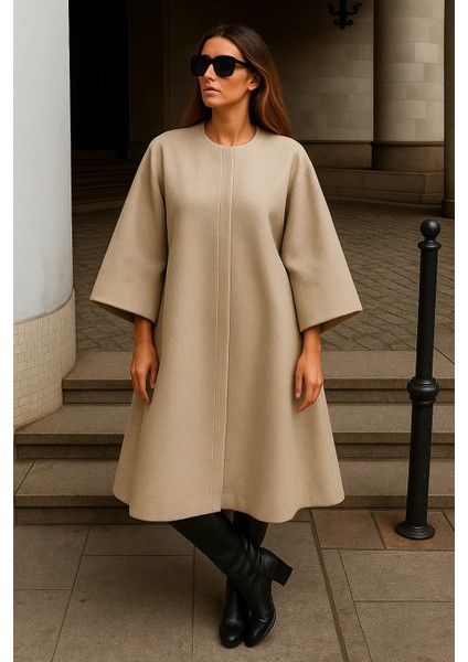 Kadın Oversize Basic Uzun Premium Krem Kaşe Panço modelleri