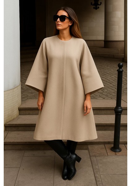Kadın Oversize Basic Uzun Premium Krem Kaşe Panço fırsatları