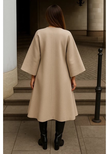 Kadın Oversize Basic Uzun Premium Krem Kaşe Panço indirimleri