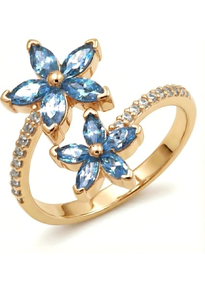 Mikro Taşlı Mavi Kardelen Çiçeği Gümüş Yüzük - Altın