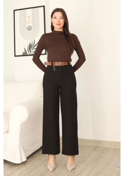 Kemeri Aksesuarlı ve Cep Detaylı Palazzo Pantolon 6115-SIYAH