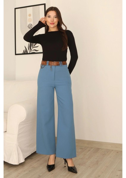 Kemeri Aksesuarlı ve Cep Detaylı Palazzo Pantolon 6115-MAVI