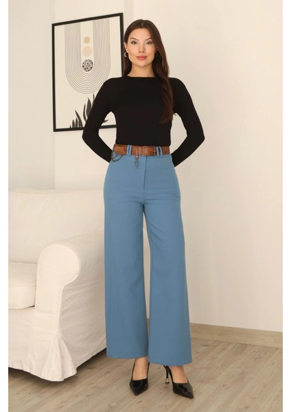 Kemeri Aksesuarlı ve Cep Detaylı Palazzo Pantolon 6115-MAVI fiyatları