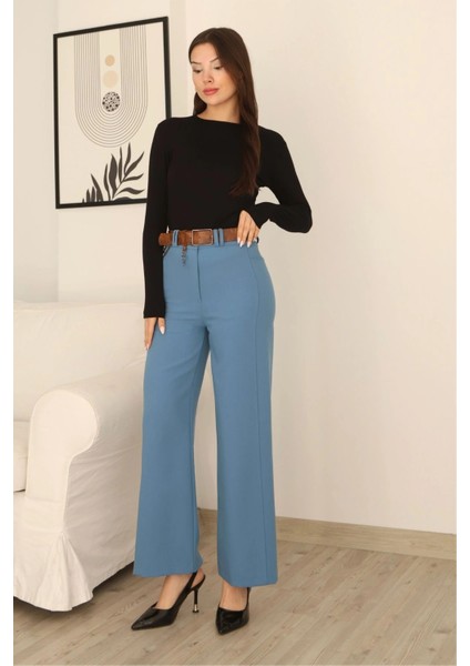 Kemeri Aksesuarlı ve Cep Detaylı Palazzo Pantolon 6115-MAVI modelleri