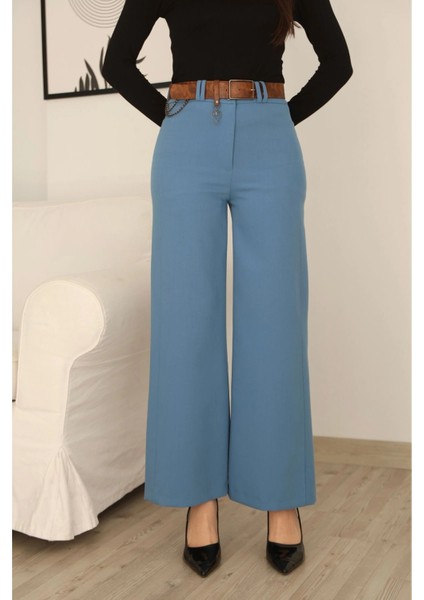 Kemeri Aksesuarlı ve Cep Detaylı Palazzo Pantolon 6115-MAVI fırsatları