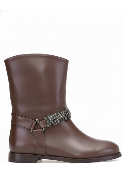 Elit Selindra Kadın Hakiki Deri Düz Bot Kahverengi