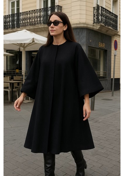 Kadın Premium Basic Uzun Siyah Kaşe Kaban