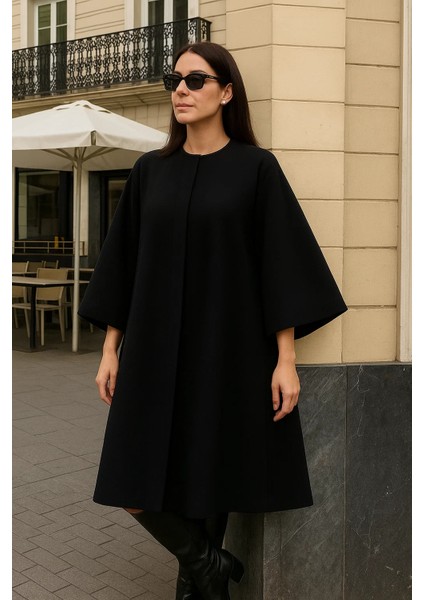 Kadın Premium Basic Uzun Siyah Kaşe Kaban modelleri