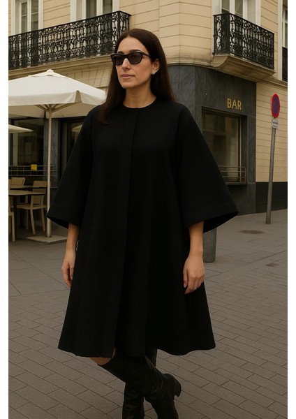 Kadın Premium Basic Uzun Siyah Kaşe Kaban fırsatları