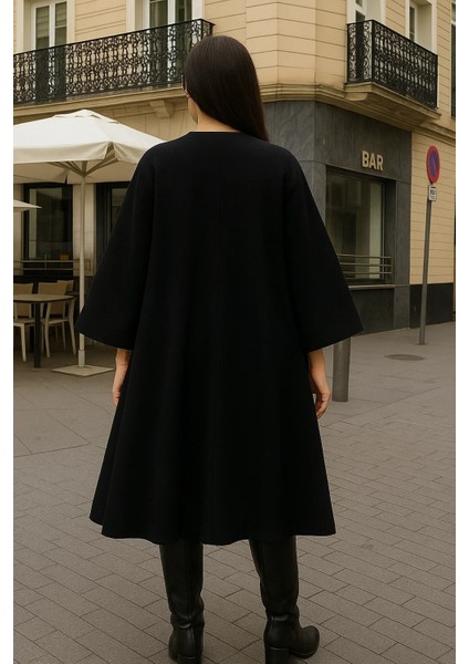 Kadın Premium Basic Uzun Siyah Kaşe Kaban