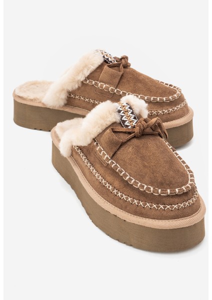 Yalına Toprak Süet Hakiki Deri Dikişli Kürklü Kadın Platform Tabanlı Makosen Terlik