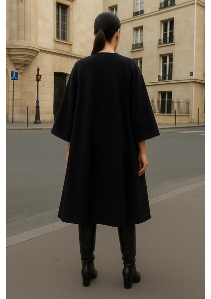 Kadın Trend Uzun Siyah Kaşe Kaban