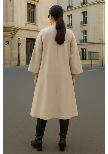 Kadın Trend Uzun Krem Kaşe Kaban