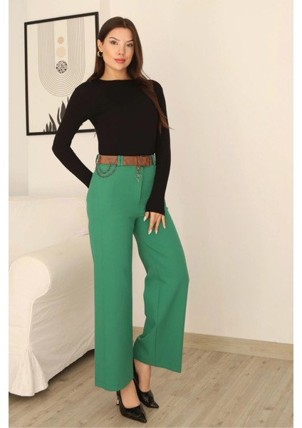 Kemeri Aksesuarlı ve Cep Detaylı Palazzo Pantolon 6115-YEŞIL