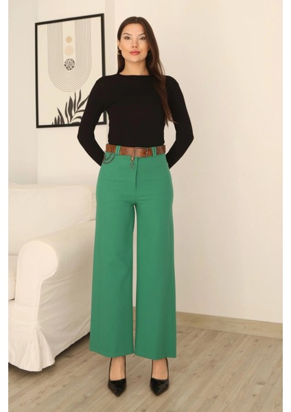 Kemeri Aksesuarlı ve Cep Detaylı Palazzo Pantolon 6115-YEŞIL fiyatları