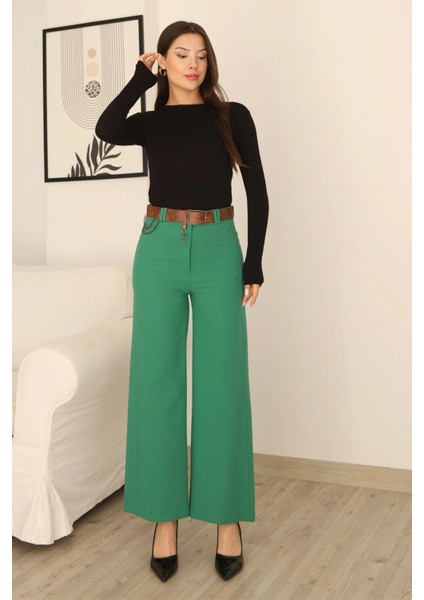 Kemeri Aksesuarlı ve Cep Detaylı Palazzo Pantolon 6115-YEŞIL modelleri