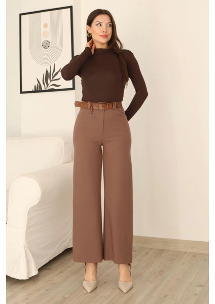 Kemeri Aksesuarlı ve Cep Detaylı Palazzo Pantolon 6115-KAHVERENGI