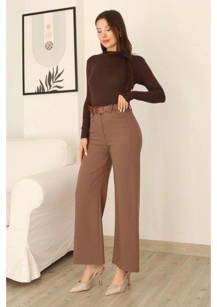 Kemeri Aksesuarlı ve Cep Detaylı Palazzo Pantolon 6115-KAHVERENGI modelleri