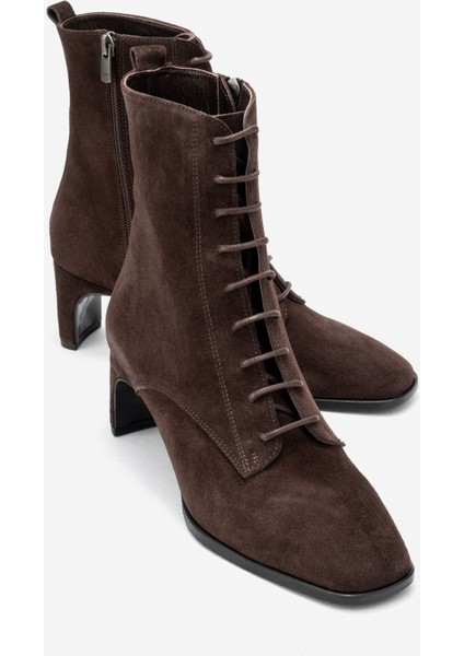 Sudy Kahverengi Süet Hakiki Deri Bağcıklı Kadın Blok Topuklu Bot