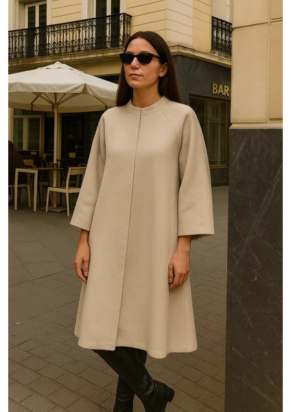 Kadın Premium Basic Uzun Krem Kaşe Kaban modelleri