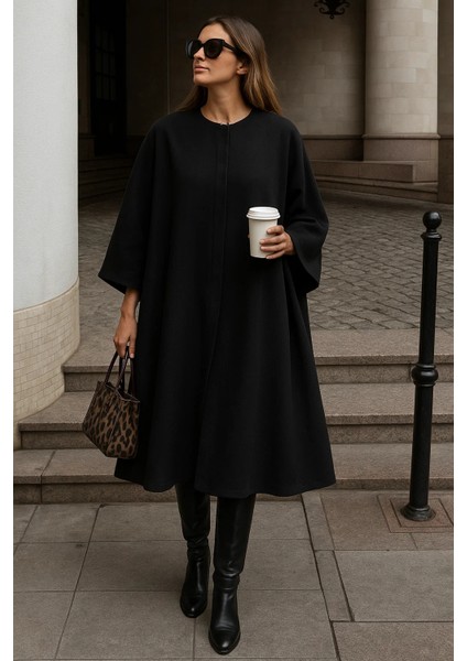Kadın Oversize Basic Uzun Premium Siyah Kaşe Panço