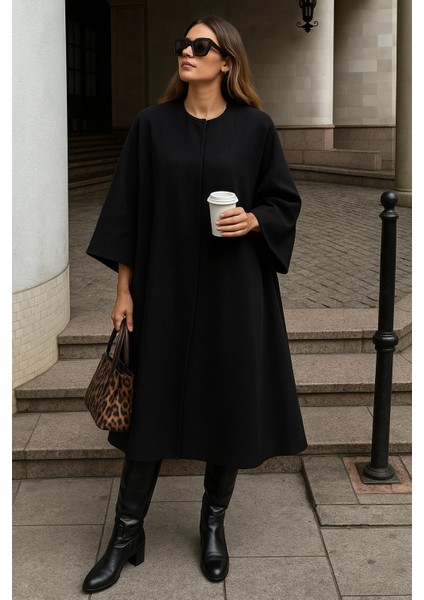 Kadın Oversize Basic Uzun Premium Siyah Kaşe Panço fiyatları