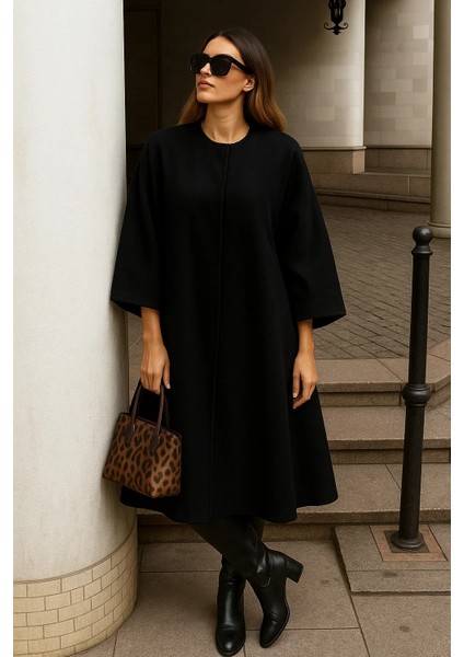 Kadın Oversize Basic Uzun Premium Siyah Kaşe Panço modelleri
