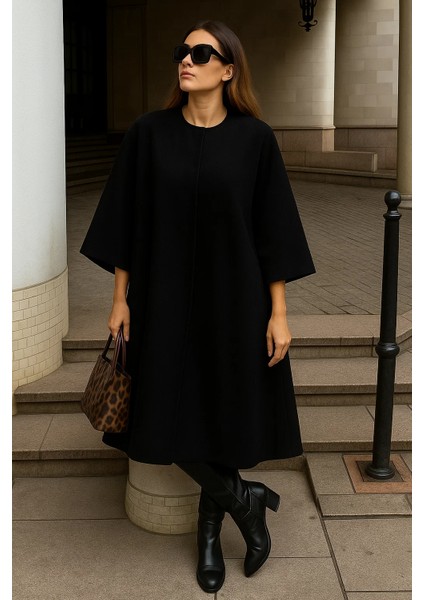Kadın Oversize Basic Uzun Premium Siyah Kaşe Panço fırsatları