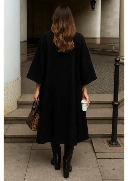 Kadın Oversize Basic Uzun Premium Siyah Kaşe Panço indirimleri