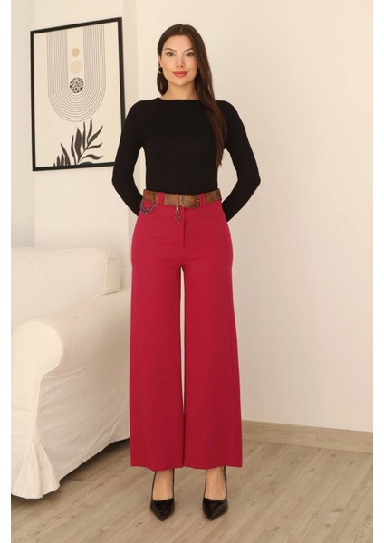 Kemeri Aksesuarlı ve Cep Detaylı Palazzo Pantolon 6115-FUŞYA