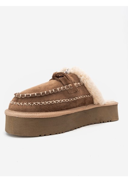Yalına Toprak Süet Hakiki Deri Dikişli Kürklü Kadın Platform Tabanlı Makosen Terlik fırsatları