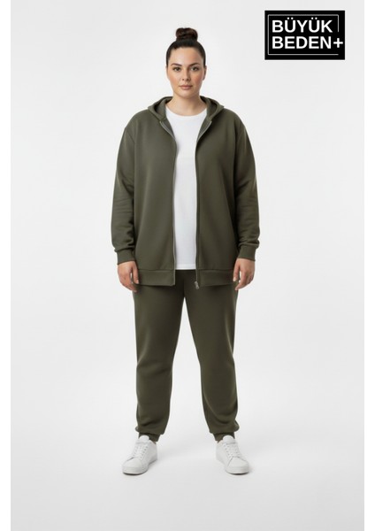 Kadın Büyük Beden Fermuarlı Kapüşonlu Sweatshirt Hırka - Rahat Kalıp SPR26BHR960