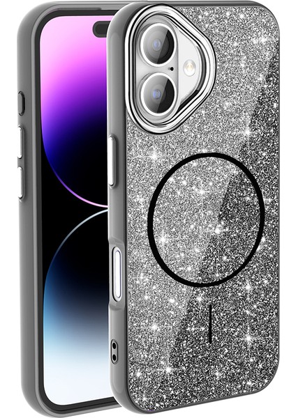 Apple iPhone 17 Kılıf M-Safe Şarj Özellikli Parlayan Simli Okso Kapak