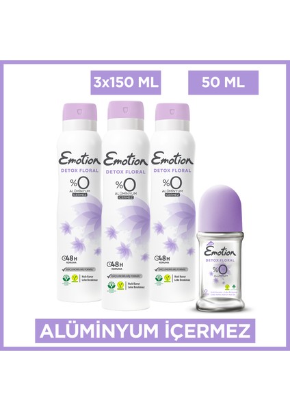 Detox Floral Kadın Deodorant 3X150 ml & Detox Floral Roll On 50 ml
