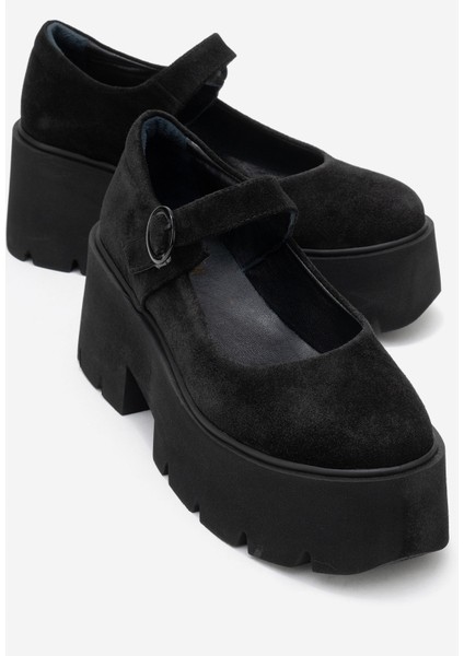 Orına Siyah Süet Hakiki Deri Kalın Tabanlı Kadın Günlük Ayakkabı