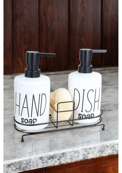 2'li Metal Standlı Süngerli Sabunluk Seti, 400ML Mutfak Sıvı Sabun Şişesi, Beyaz