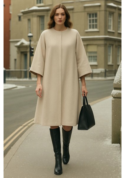 Kadın Kışlık Uzun Krem Kaşe Kaban fiyatları