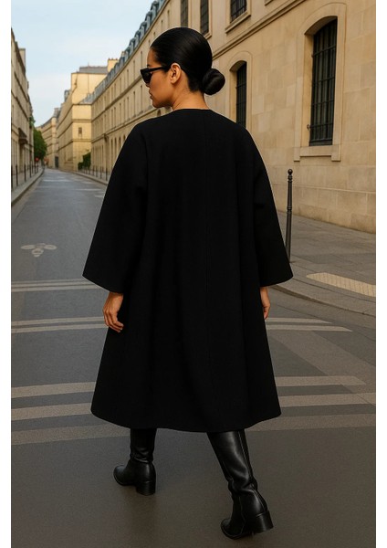 Kadın Kışlık Siyah Kaşe Tesettür Kaban
