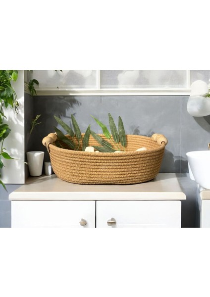 Haki Elips Model Çok Amaçlı Hasır Düzenleyici Sepet, Organizer, Boncuklu Tasarım