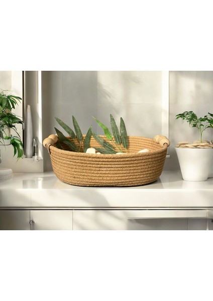 Haki Elips Model Çok Amaçlı Hasır Düzenleyici Sepet, Organizer, Boncuklu Tasarım fırsatları