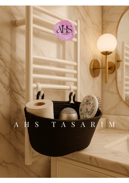 Doğal Hasır Askılı Sepet, Banyo ve Mutfak Duvarı ile Petek Üstü Organizer Siyah