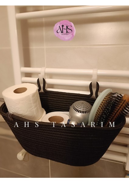 Doğal Hasır Askılı Sepet, Banyo ve Mutfak Duvarı ile Petek Üstü Organizer Siyah modelleri