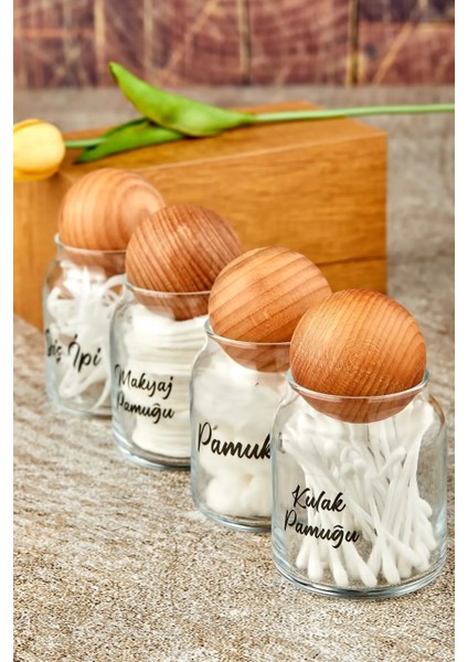 4’lü Top Kapaklı Cam Set: Kulak, Makyaj, Diş Ipi ve Pamukluk, 300 Ml, Kahverengi