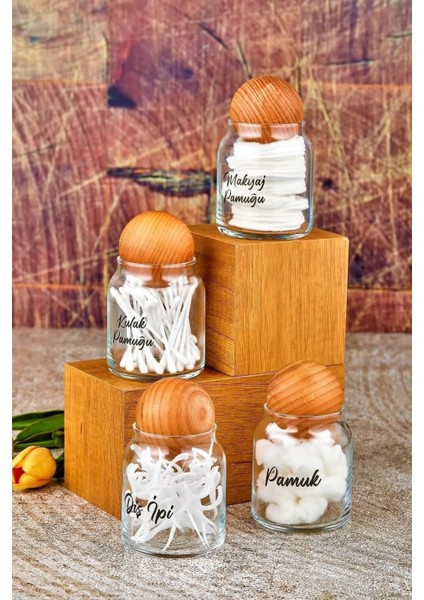 4’lü Top Kapaklı Cam Set: Kulak, Makyaj, Diş Ipi ve Pamukluk, 300 Ml, Kahverengi fiyatları