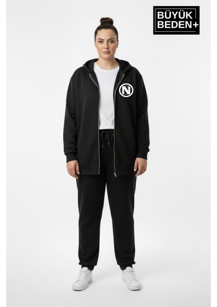 Kadın Büyük Beden Kapüşonlu Fermuarlı N Baskılı Sweatshirt Hırka SPR26BHRK922